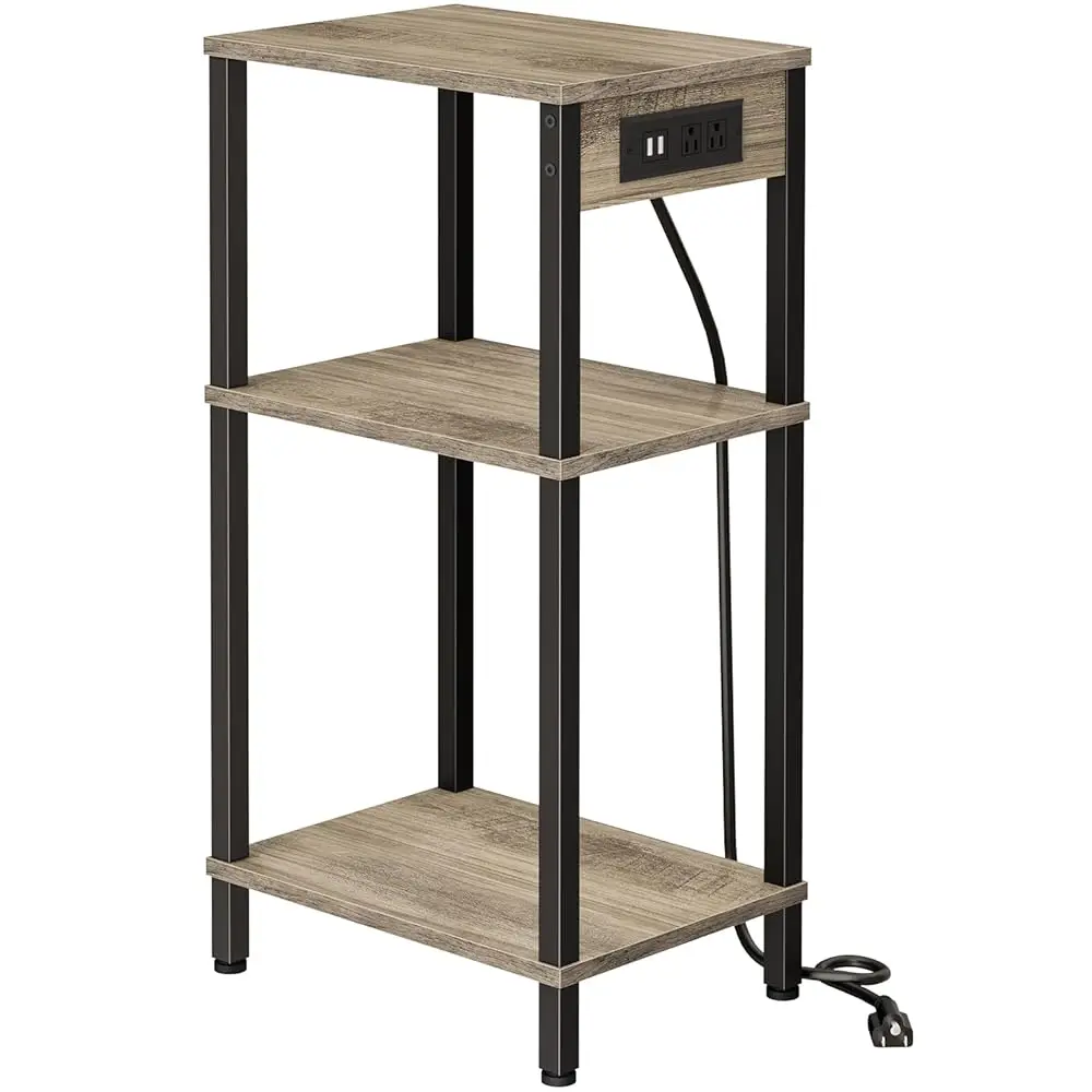 

Tall End Table With Charging Station And Usb Ports, 3 Tier Narrow Side Table With Storage, Skinny Nightstand With Outlets For
