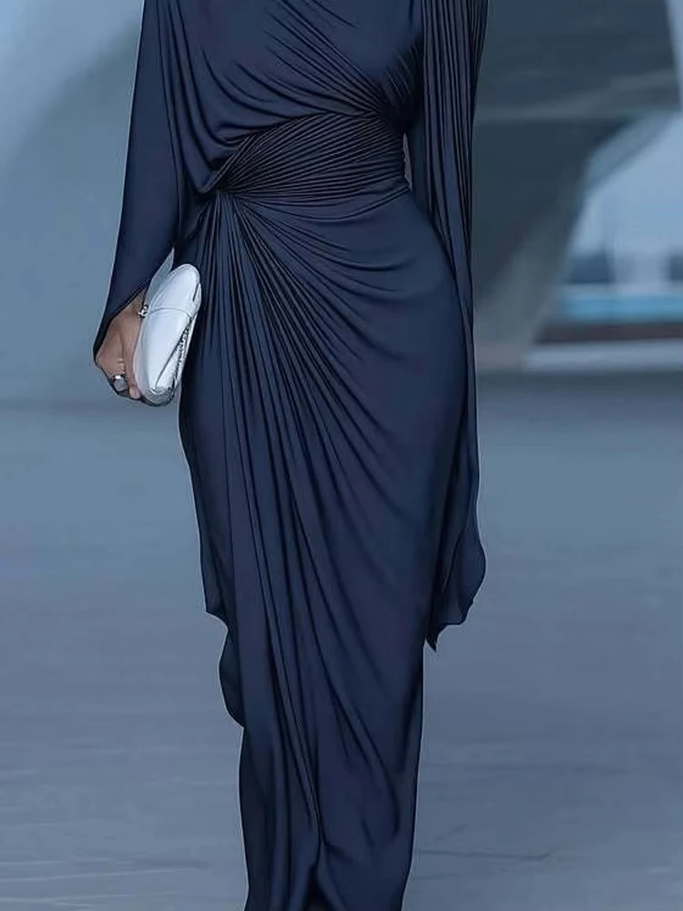 2026 Women Elegant High Waist Solid Color Evening Dress Sexy Slash Neck Long Sleeve Pleated Slim Fit Irregular Hem Formal Banque - view 5