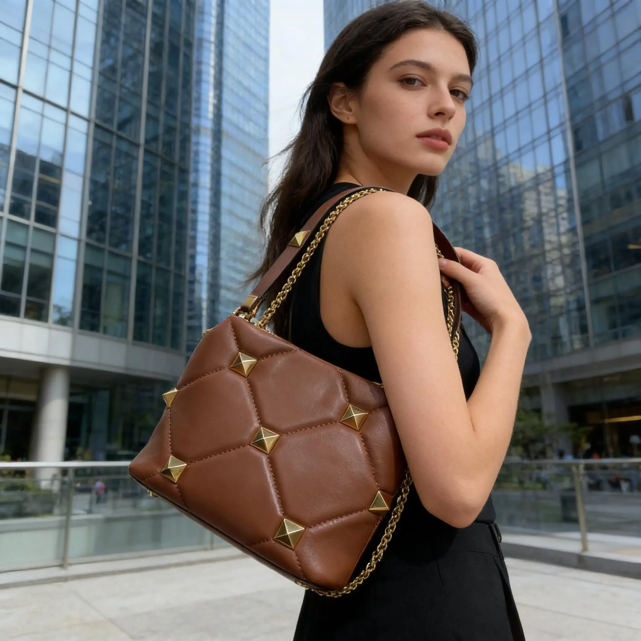 

New Style Soft Handbag Shoulder Crossbody Bag Trendy Rivet Design Ladies Purse Women's luxury designer bags