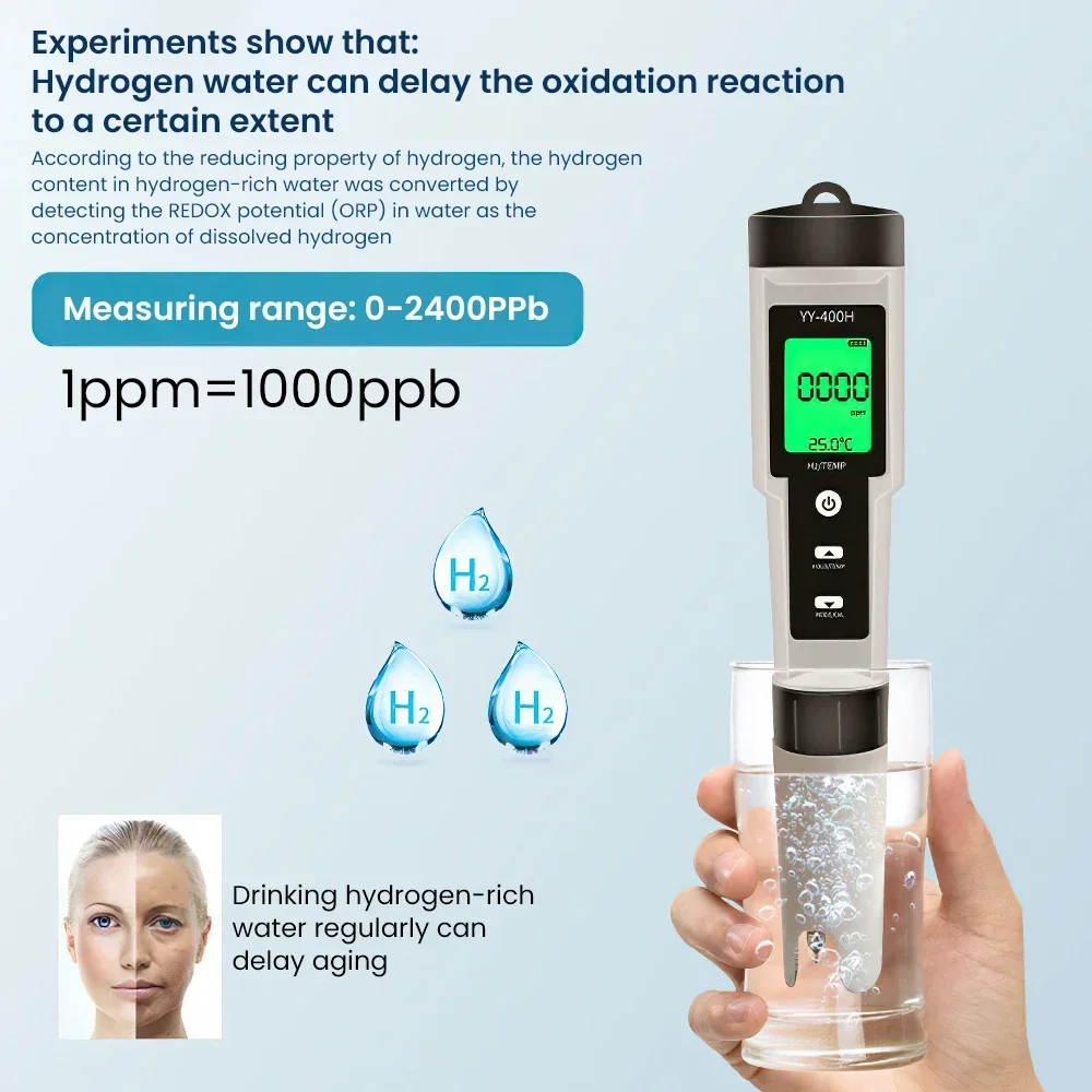 4in1 Water Quality Tester Meter Portable PH ORP H2 Temperature Hydrogen-rich Purity Detector Pool Hydroponic Nuclear Wastewater