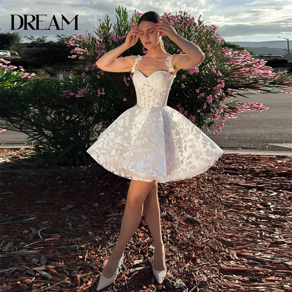 Suknie ślubne DREAM Classic Lace Short A-Line z dekoltem w serduszko, na ramiączkach spaghetti, z odkrytymi plecami, suknie ślubne Vestidos De Noiva z możliwością personalizacji