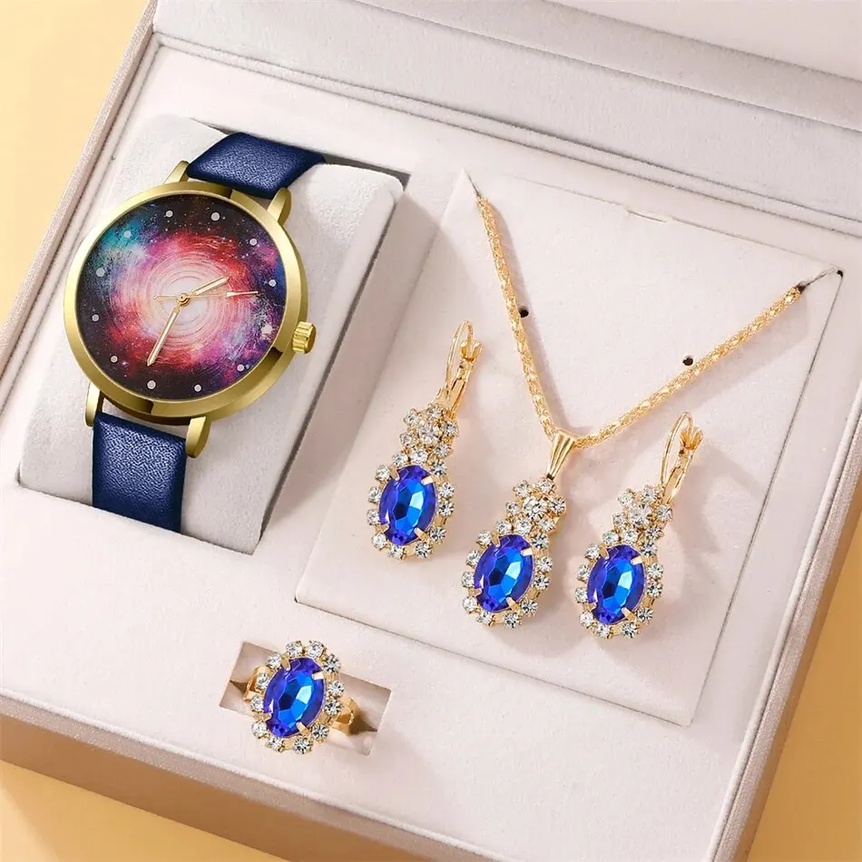 5PCS Set Women Starry Sky Dial Watch Brand Design Female Clock Blue Leather Band Ladies Watches Simple Casual Womens WristWatch