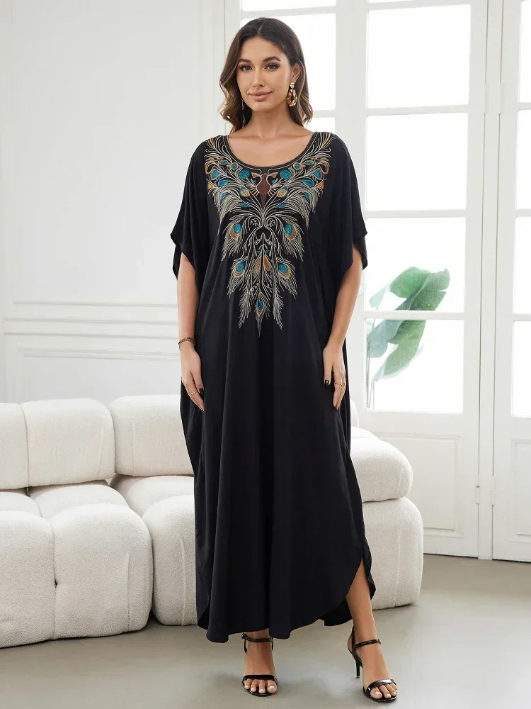 Black Embroidered Kaftan Dresses For Summer 2024 Causal Short Sleeve Robe Loose Lounge Beach wear Holiday Maxi Dress Q1668