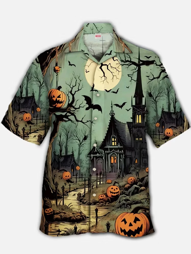 Men's Hawaiian Short Sleeve Shirt Vintage Halloween Haunted House Pumpkin Bat Full Moon Print Holiday Casual Beach Mens Clothing