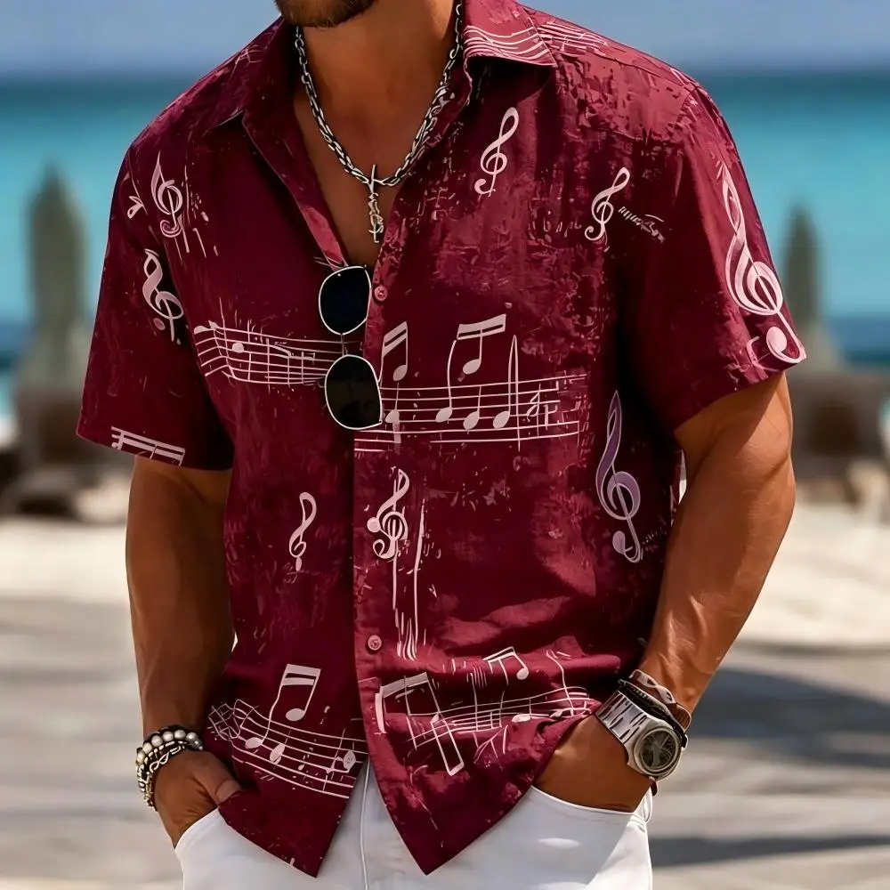 Men's Short-Sleeved Shirt with Musical Note Pattern, Spring and Summer Casual Music-Themed Shirt, Loose-Fitting Relaxed Top