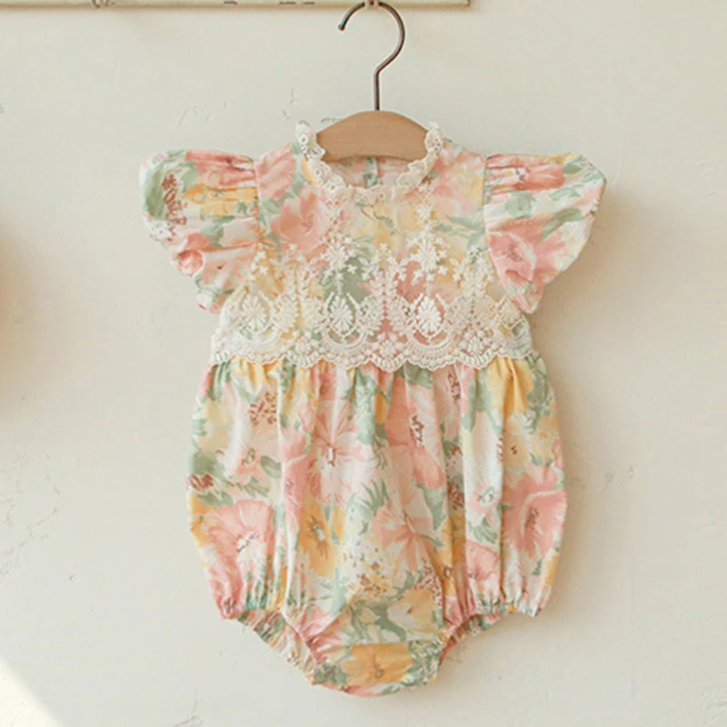 

Summer Infant Baby Girls Short Sleeve Lace Printing Jumpsuit New 2022 Kids Baby Girls Clothes Rompers Kids Baby Girl Rompers