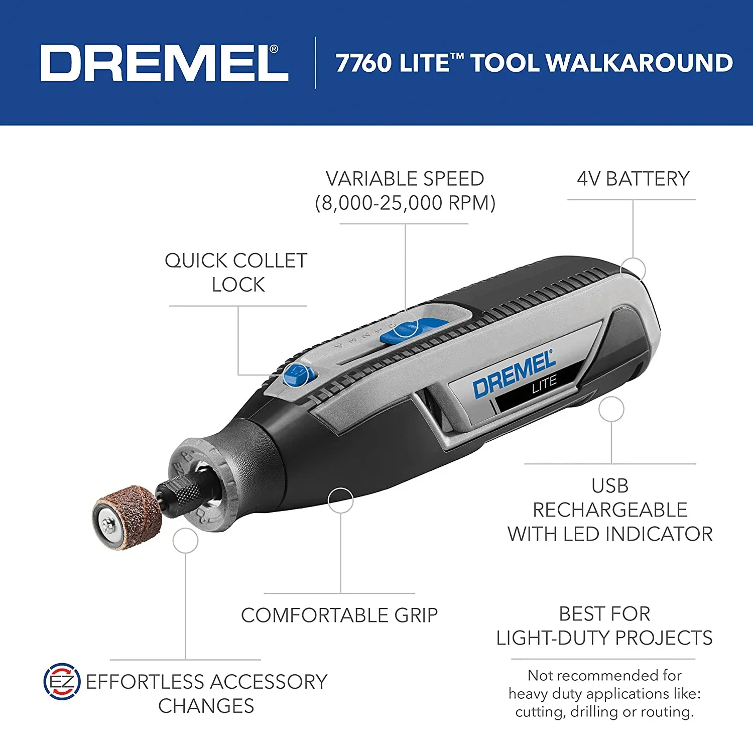 Dremel Lite7760 Cordless Rotary Tool 4V Li-Ion 25000rpm Multifunctional Tool for Carving Engraving Grinding Sharpening Polishing