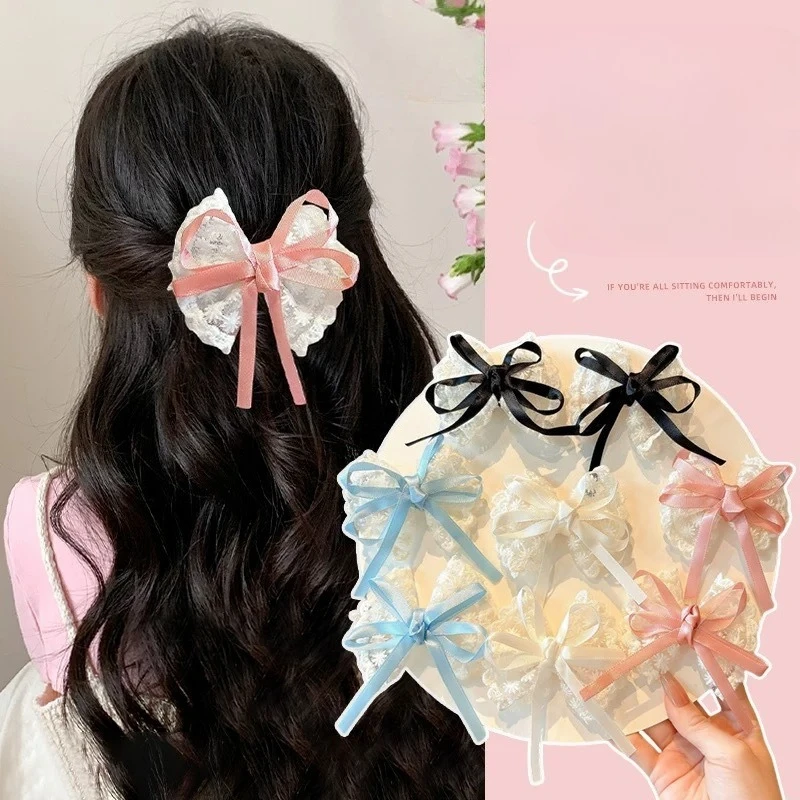 

Sweet Lace Ribbon Bow Hair Clips for Girls Duckbill Ponytail Holder with Side Bangs Clip Korean Kawaii Hair Accessories Set
