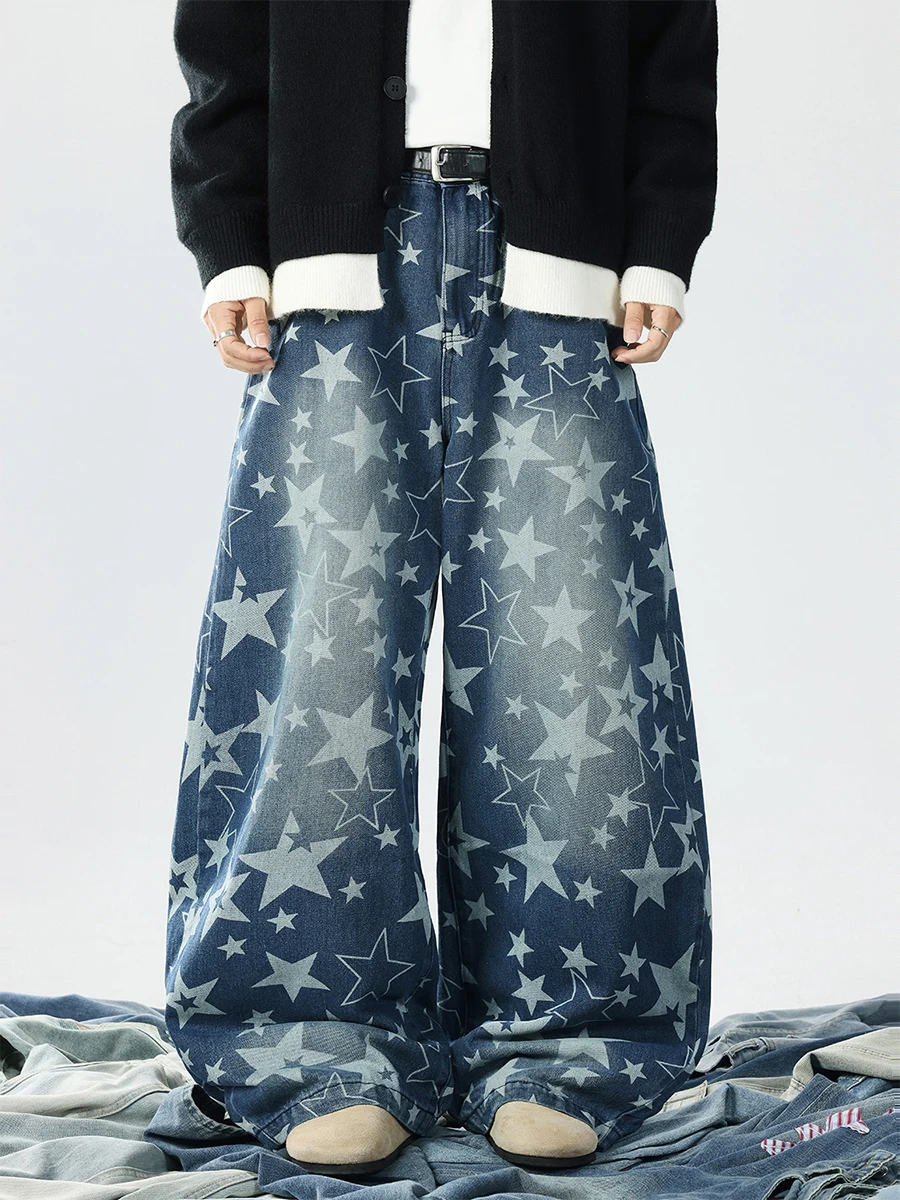 

Джинсы свободного кроя с принтом звезд, унисекс, осенние, модные, брендовые, прямые брюки, ретро, американский стиль, повседневные штаны