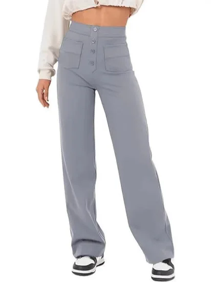 女性パンツ カジュアル ストレートレッグパンツ ハイウエスト ボタン付きパンツ 伸縮性のあるマルチポケットパンツ ユーティリティ カーゴ ストレッチ アンクル