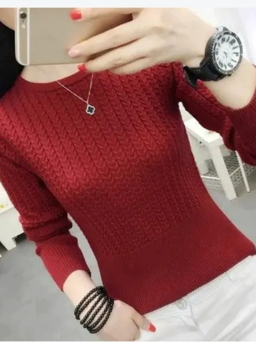 スリムフィットショートニットセーター女性の秋冬薄いラウンドネックハイウエストベースシャツ耳カバーファッショナブルなカジュアルトップ