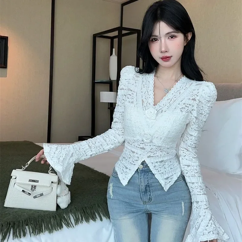 Women Clothes Spring Autumn Fashion Simplicity Office Lady Lace Solid Color V-neck Female Fashionable Appear Thin Long Sleeve To