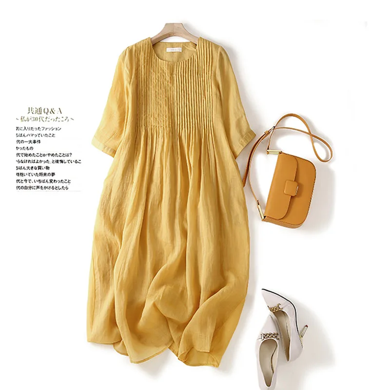 

Желтое плиссированное хлопковое платье рами, летние свободные длинные платья с круглым вырезом и половиной рукава, дышащая повседневная одежда, японская