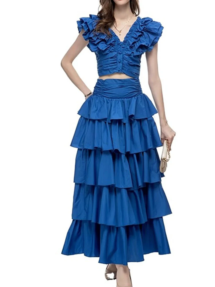 2024 summer new elegant solid color V-neck ruffled vest Joker top+high waist big cake A overskirt women's two-piece suit