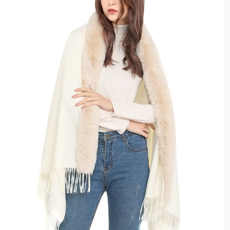 Winter Imitation Wool Collar Cloak Scarf Dual-purpose Female Imitation Cashmere Shawl  Ponchos Lady Capes Cloak Beige Cardigan