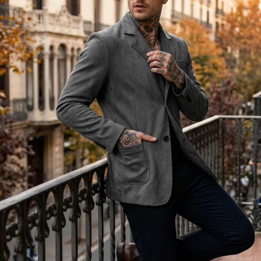 Fall/Winter Men's Formal Leather Jacket Business Casual Wear Solid Lightweight Jacket for Street Men's Commute Tops Bottoms Set