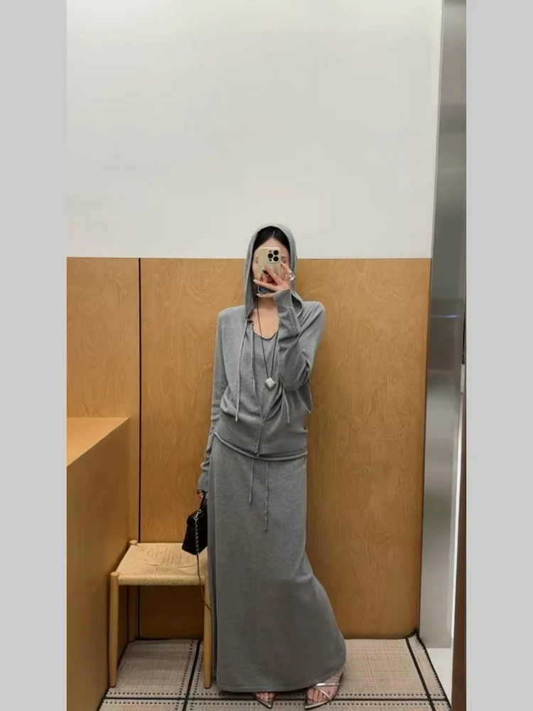 

Свободный вязаный кардиган с V-образным вырезом без рукавов, юбка с высокой талией, комплект из трех предметов для женщин: повседневный модный комплект с защитой от солнца