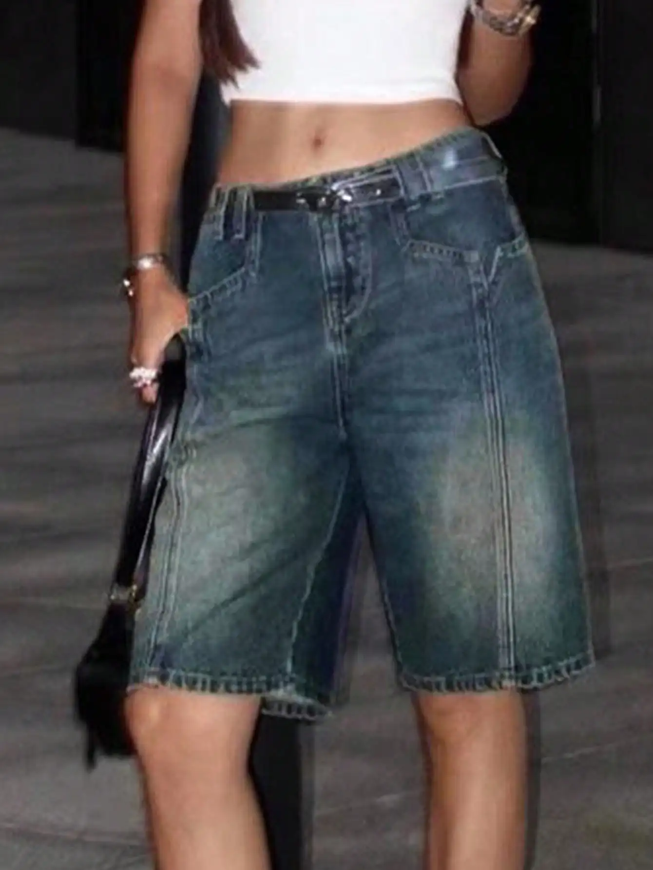 Y2K Street Vintage Washed Asymmetrical Pocket Seam Detail Whiskered Wide Leg Bermuda Jeans Denim Jorts Shorts