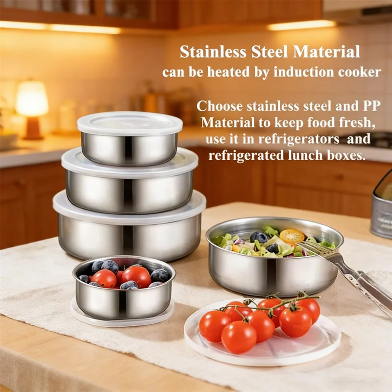 Silver Stainless Steel Storage Bowls with Lids, 5Pcs Set Perfect for Baking, Dishwasher Safe and Stackable Nesting Feature