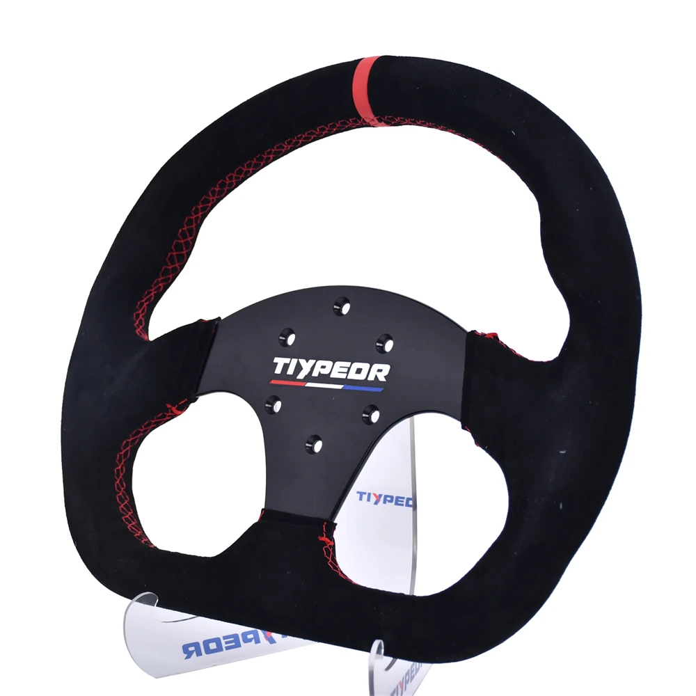 TIYPEOR D-shaped Drift King Sport Racing Steering Wheel 13 inch Flat Suede Gaming Steering Wheel With Red Interface