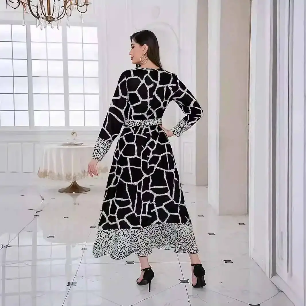 

Leopard Women's M271# Arab Print Ruffle Edge Patchwork Dress Muslim Long Dress Robe Abaya Ramadan Dubai Luxury Islam Elegant