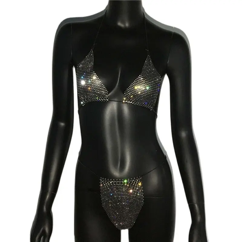 Bling Rhinestones Bra Panty Set Women Sexy Halter Bra Sexy Panty Two Piece Set Summer Beach Outfits Party Club Matching Sets