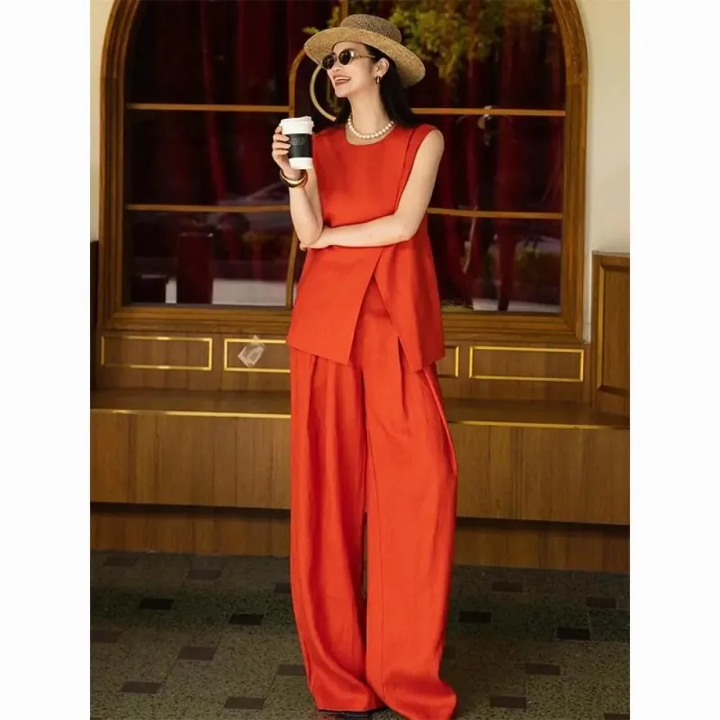 Women's Orange 2 Piece Linen Set Sleeveless Top Wide Leg Pants