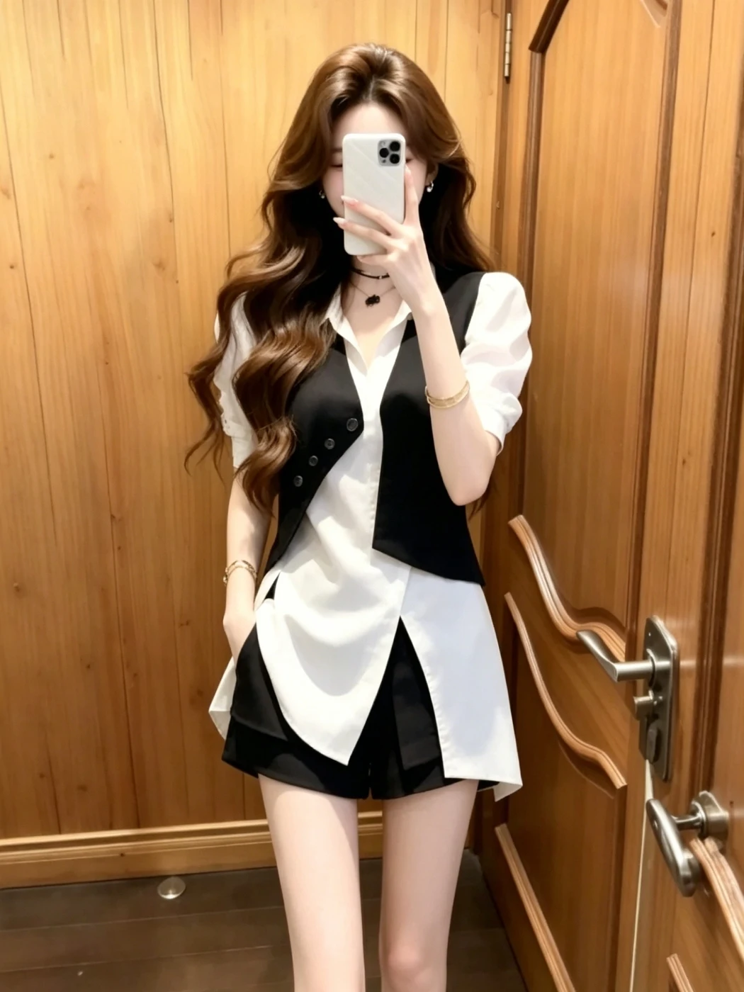 

Fashionable Neck Short Sleeve Shirt High Waist Shorts Women's Slim Fit Set 2026 New Style Summer Trendy Outfit