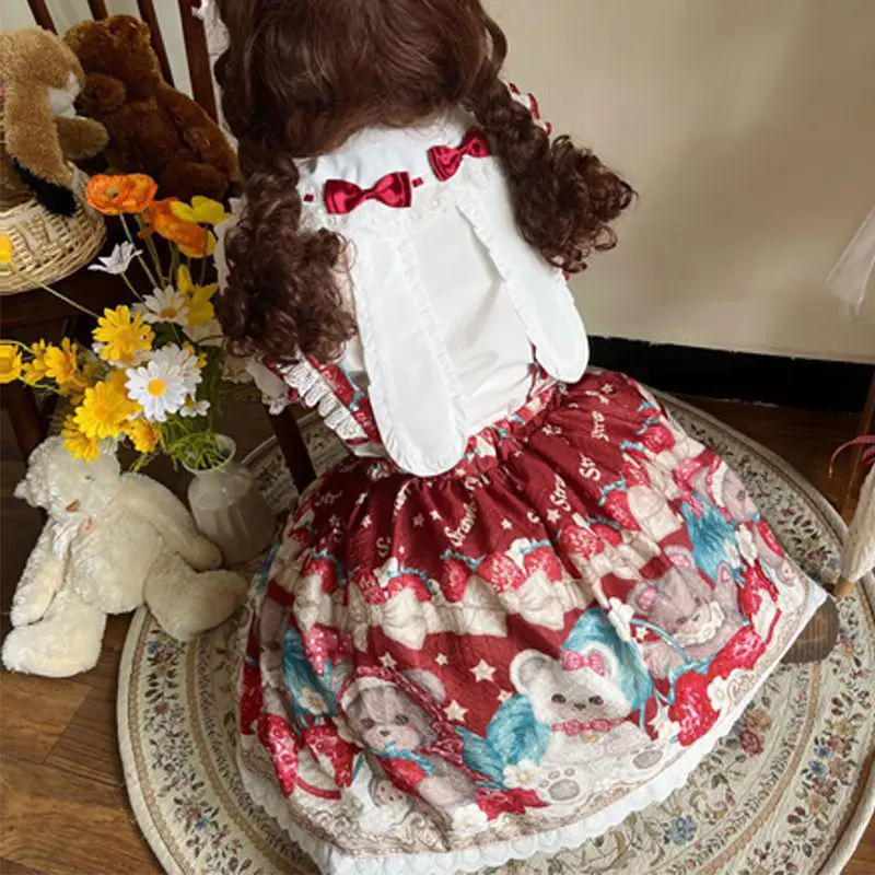 Harajuku Kawaii Lolita Cosplay miękka siostrzana sukienka śliczna królik truskawkowa bez rękawów Jsk marszczona kokardka księżniczka Tutu słodkie