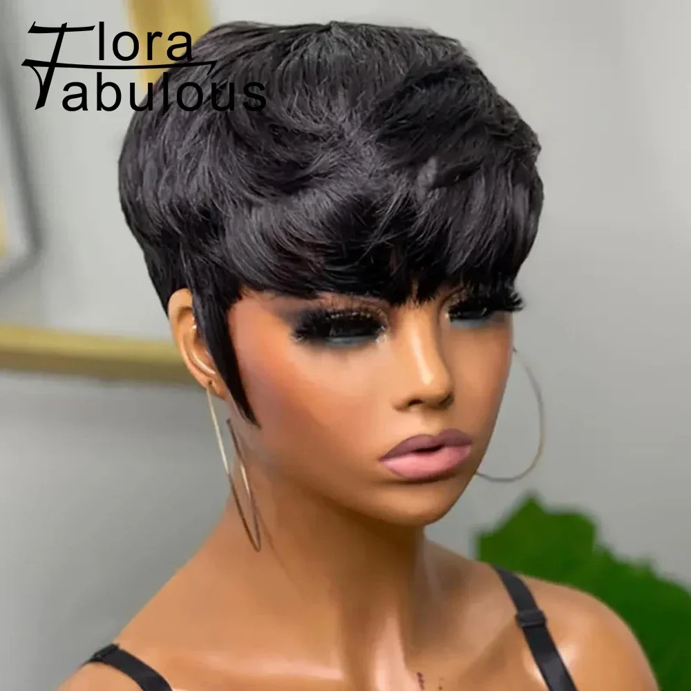 Layered Pixie Wig Human Hair For Black Women Full Machine Made Wigs With Bangs Short Bob Pixie Cut Brazilian Human Hair Wigs