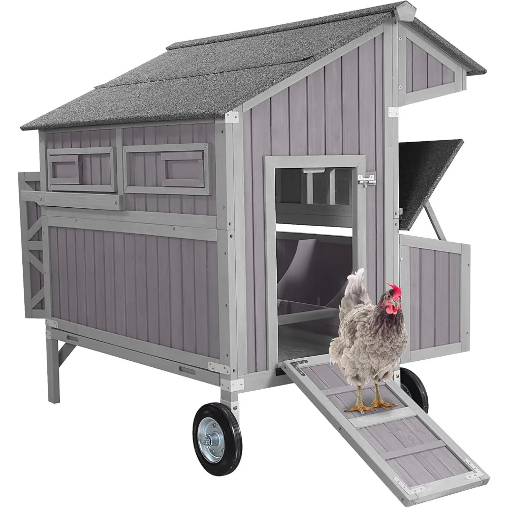 Upgrade Durable Outdoor Chicken House with Large Wheels, Nesting Box, Leakproof Pull-on Tray and UV-Resistant Roof Panel