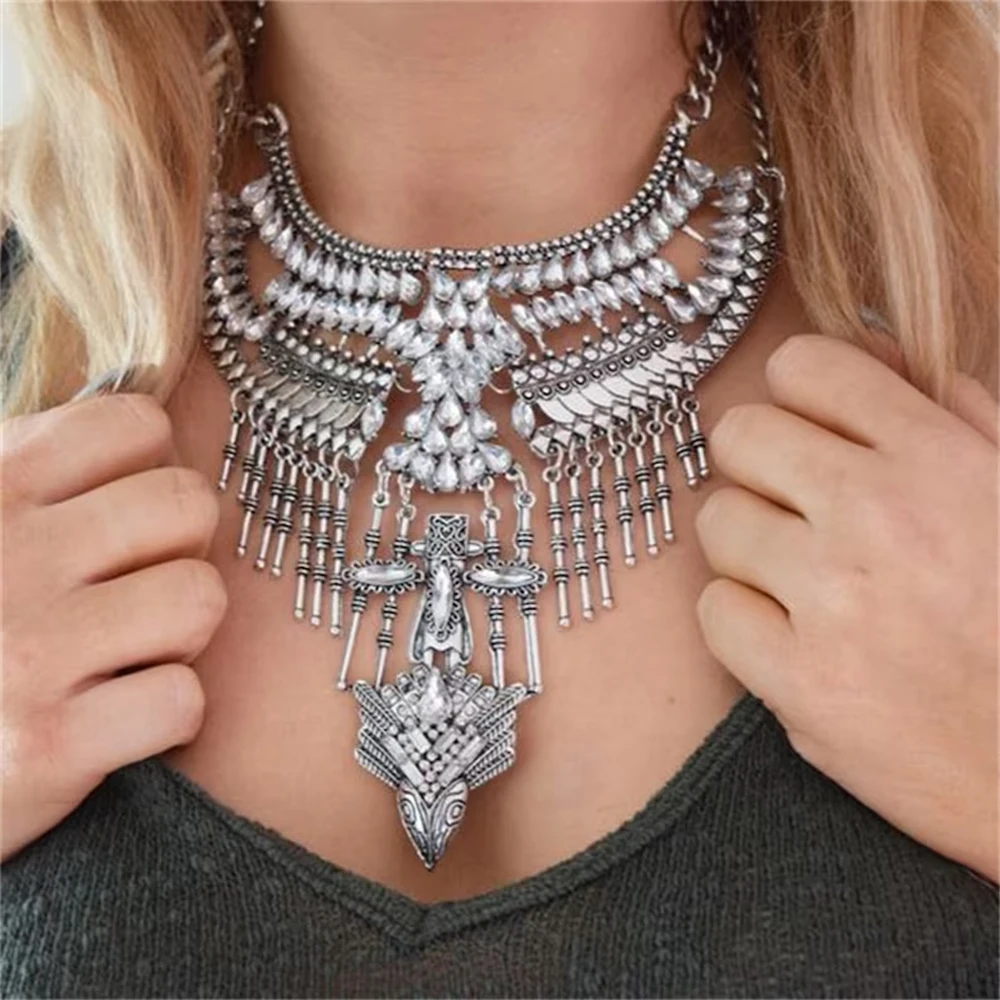 

Costume Jewellery Luxury Statement Tribal Vintage Silver Color Oversized Crystal Rhinestone Big Bib Choker Necklace for Women