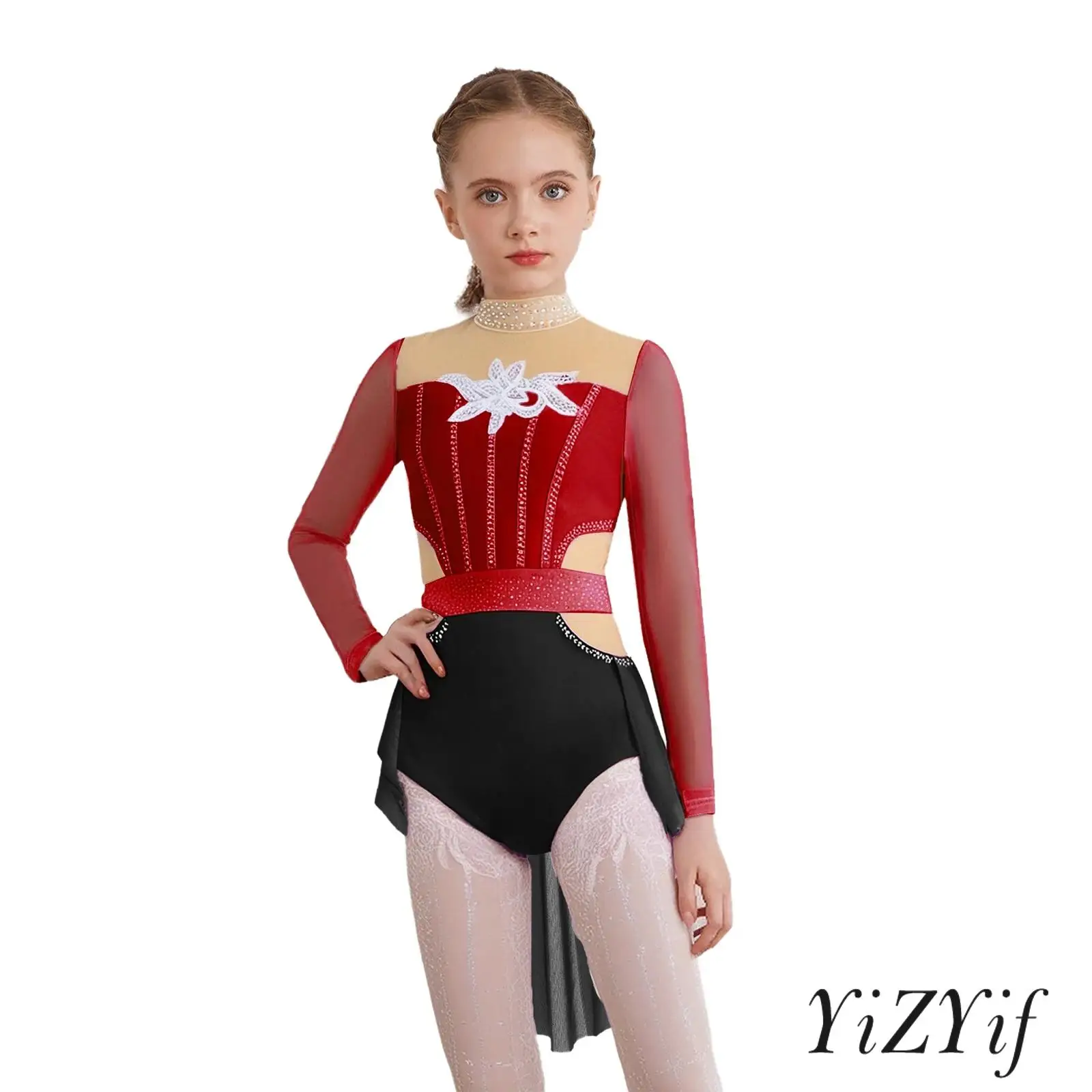 

Kids Girls Lyrical Stage Dance Performance Competition Costume Modern Latin Dancewear Mock Neck Long Sleeve Skirted Leotard