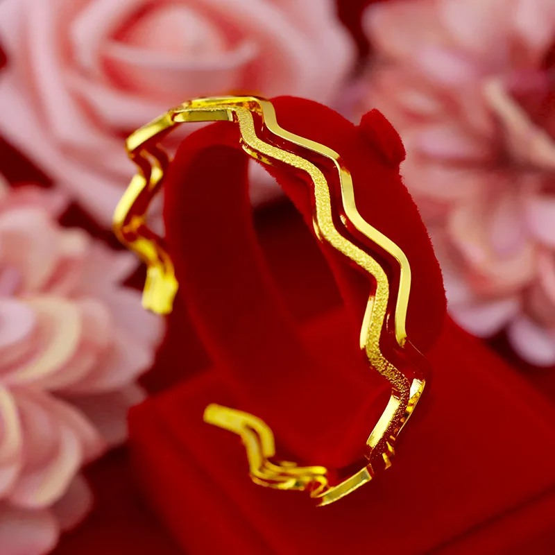 

Luxury 9999 24K Real Gold Jewelry Wavy Pattern Women's Bracelet Double Wave Bracelet Fashionable Gold Opening Bracelet