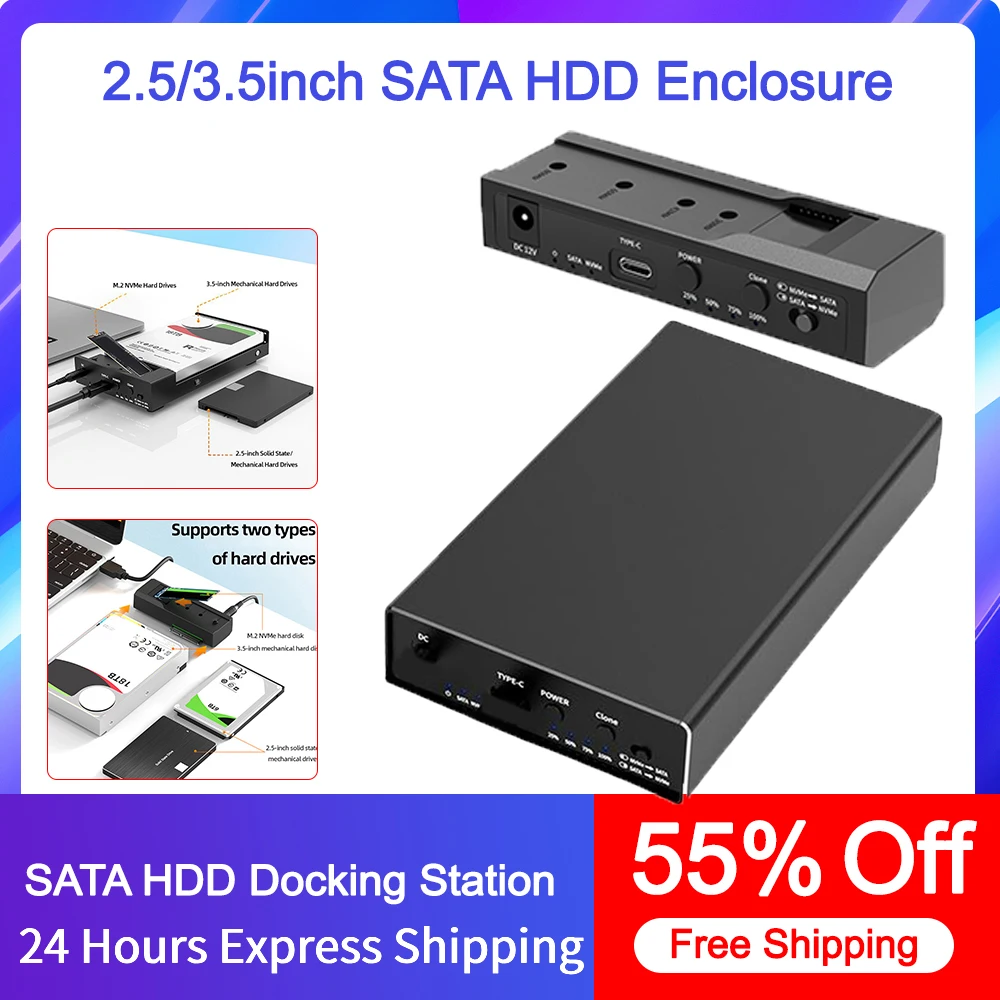 

Dual Bay SATA HDD Docking Station Support UASP M.2 Nvme SSD Case Type-C 10Gpbs Clone Duplicator 2.5/3.5inch SATA HDD Enclosure