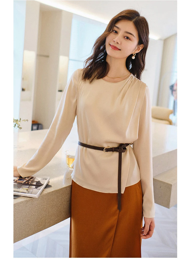 

Silk Double Layer Elastic Design Commute irt Regular Sve Long Sve round Ne Pure Color Skin Friendly Breathable