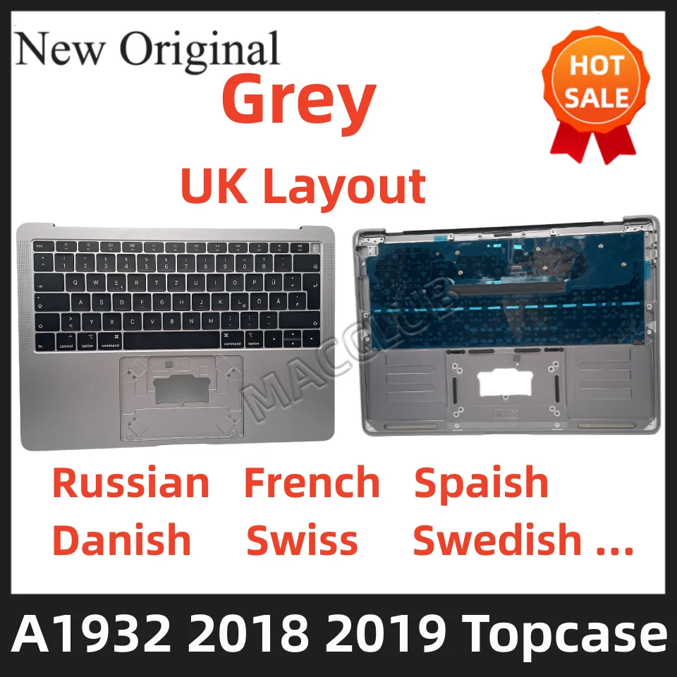 

A1932 UK Layout for Macbook Air 13" A1932 EMC 3184 2018 2019 French spanish Russia Swedish Swiss Layout Danish top case Keyboard