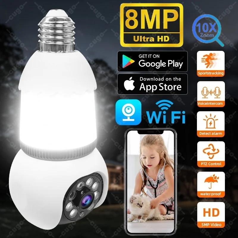 8MP E27 Bulb WiFi Camera With LED Lights 2 in 1 IP Surveillance Cam 10X Zoom PTZ Tracking Two-way Audio Night Vision Wireless Ca