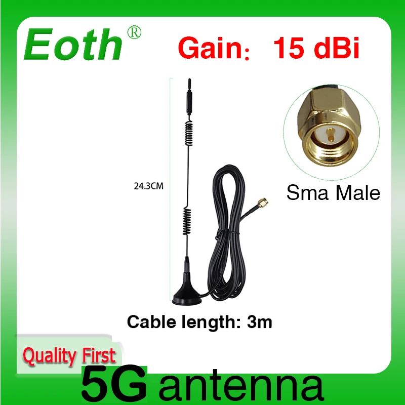 Eoth 1 2pcs 5G LTE Antenna 15dbi SMA Male Connector Aerial IOT magnetic base 3M 600-6000MHZ Clear Sucker Antena