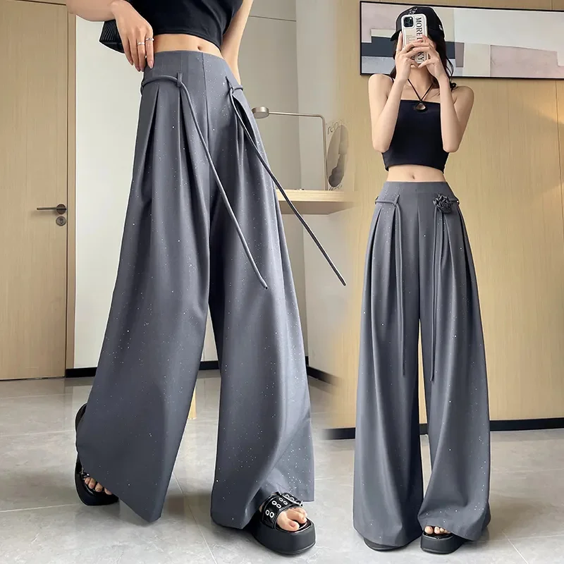 

Высококачественные серо-черные темпераментные прямые брюки 2025, новый дизайн, свободные широкие брюки, модная женская брючная юбка с высокой талией