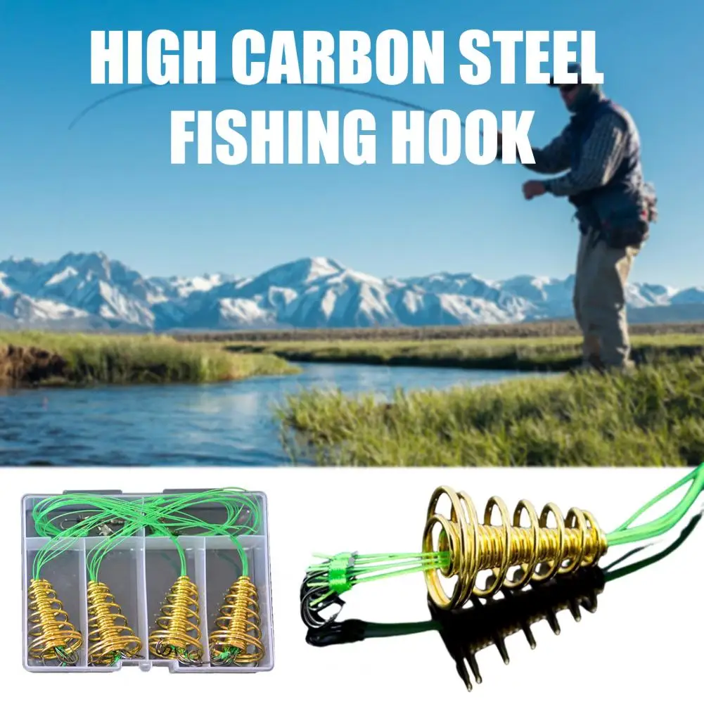 4Pcs/Set Trap Fishing Hook with Spring Carp Feeder TangleFree Green Line Metal Barbed Fish Hook Rig Fishing Accessories