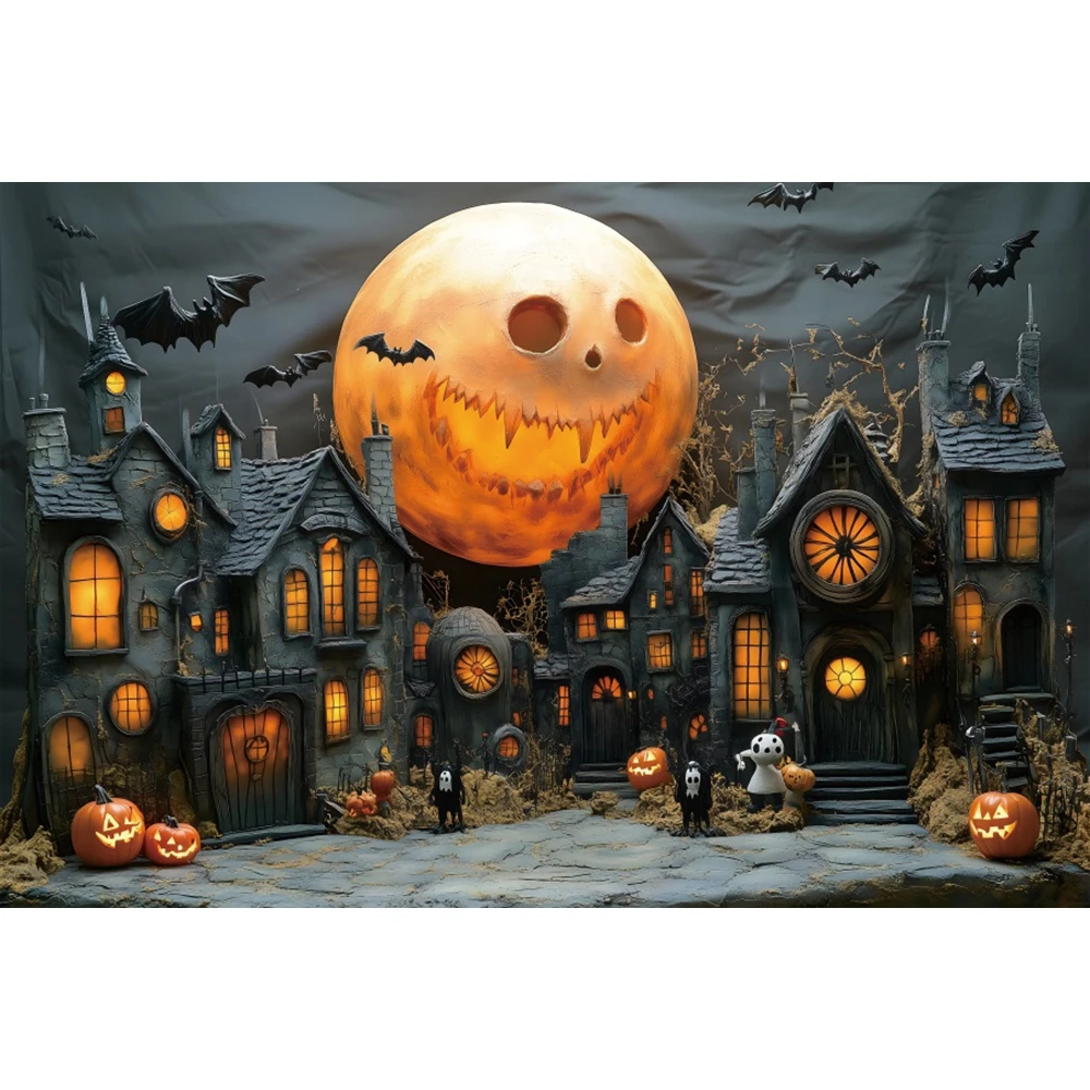 

Happy Halloween Backbdrop Full Moon Night Pumpkin Lanterns House Castle Ghost Family Party Kids Portrait Photography Background