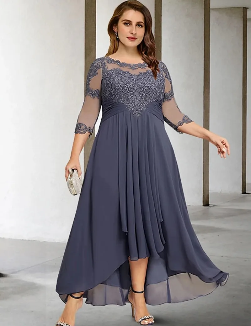 

Gray High Low Mother of the Bride Dress Plus Size 3/4 Sleeve Jewel Chiffon Lace Appliques Wedding Party Gowns Robe De Soiree