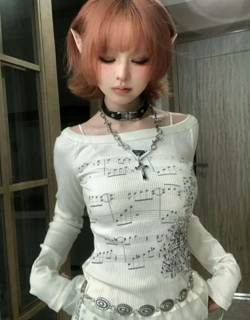 Y2k Aesthetic Cotton Tshirts Women All Match Tees Lace Patch Sexy Grunge Print T Shirt Long Sleeve Crop Top 2025 Fairy Clothes image 3