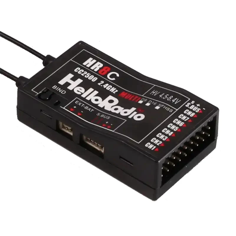 HelloRadio HR8C receiver is compatible with D8/D16/SFHSS  protocol, supports data return and is suitable for fixed wing