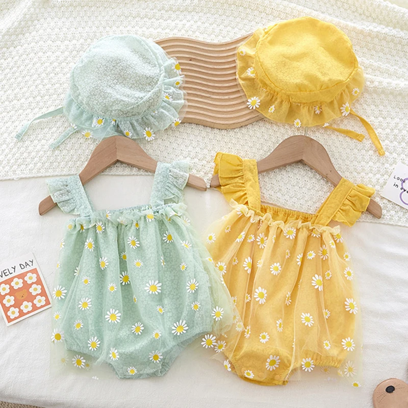 2024 New Summer Children Clothes Infant Baby Girls Jumpsuit+Hat Fly Sleeve Cotton Printing Mesh Splicing Newborn Baby Bodysuits