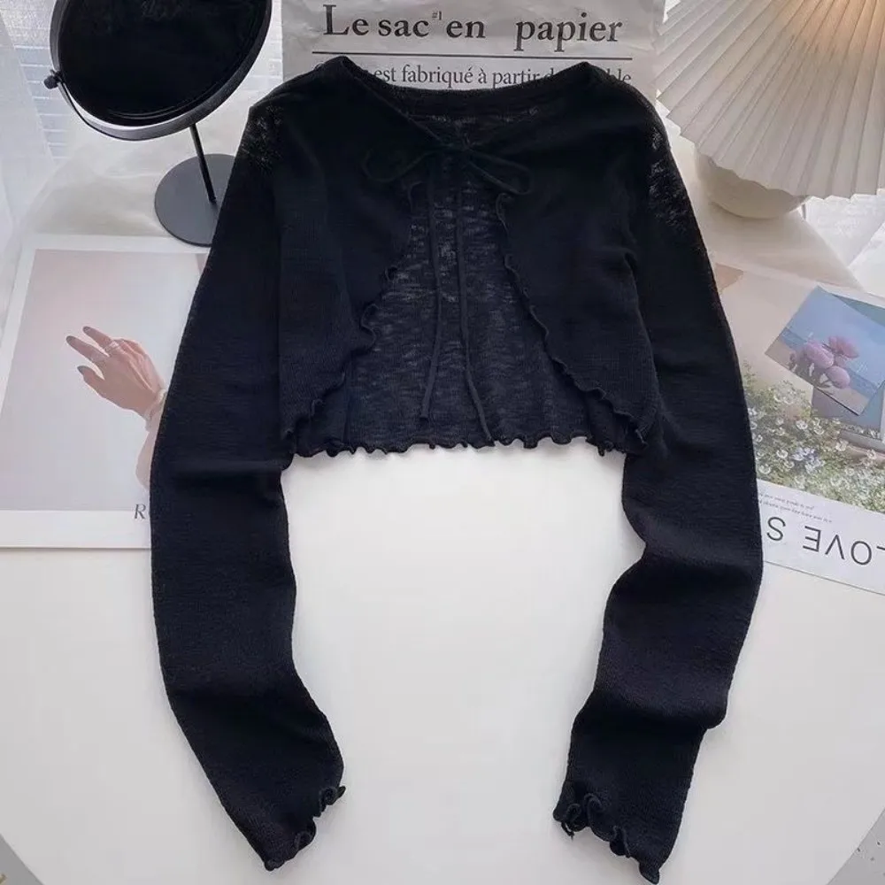 

Thin Sun Protected Cardigan Knit Lace-up Design Lantern Sleeve Coat Short Length Breathable Lace-up Knitwear Summer Season