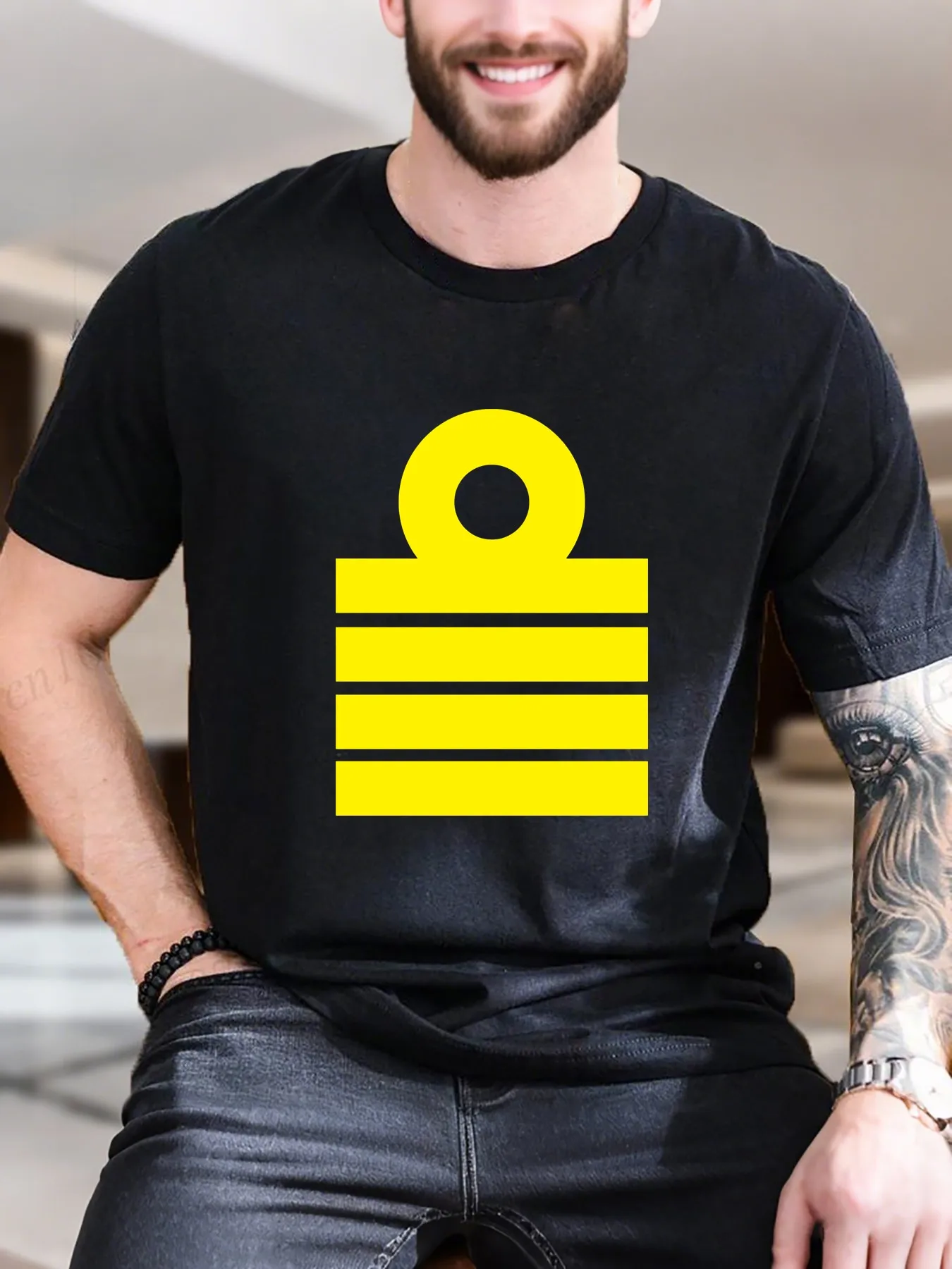 

Men's Printed Short Sleeve T-Shirt - Yellow Background with White & Black Border Design, 100% Cotton Breathable & Comfortable, C