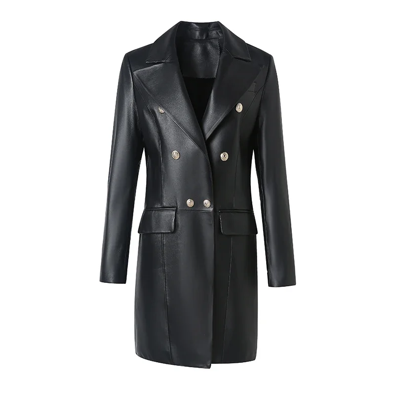 Autumn Winter New Genuine Leather Jacket Metal Button Decorative Sheepskin Mid-length Trench Coat