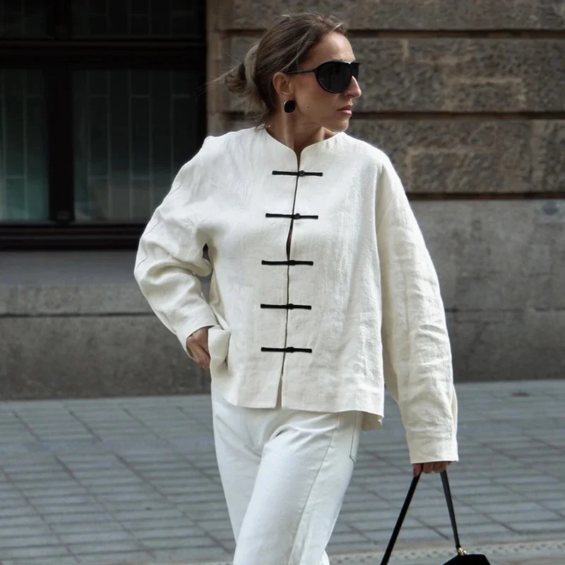 Chinese Style Beige O Neck Shirts Female 2026 Vintage Single Breasted Woman Blouse Spring Casual Cotton